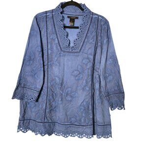 NWT Ali Miles Women's XL Blue Embroidered Peasant Boho Tunic Top